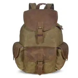 男士帆布束口後背包 旅行出差商務14寸帆布拼接真皮雙肩背包 耐磨防潑水雙肩包