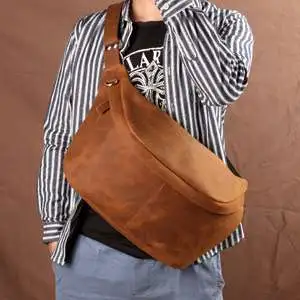 大號胸包 超大容量斜背包 頭層牛皮男士多功能真皮單肩斜挎包 歐美復古頭層瘋馬皮側背包