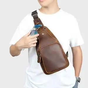真皮男士胸包 男款高級感頭層牛皮胸前...