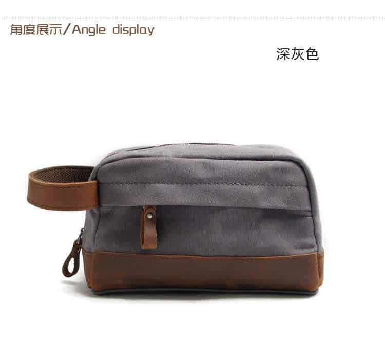 新款男士油蠟帆布手拿包 高密度純棉帆布手抓包 油蠟帆布洗漱包 復古真皮手拿包 頭層牛皮手腕包 真皮包包